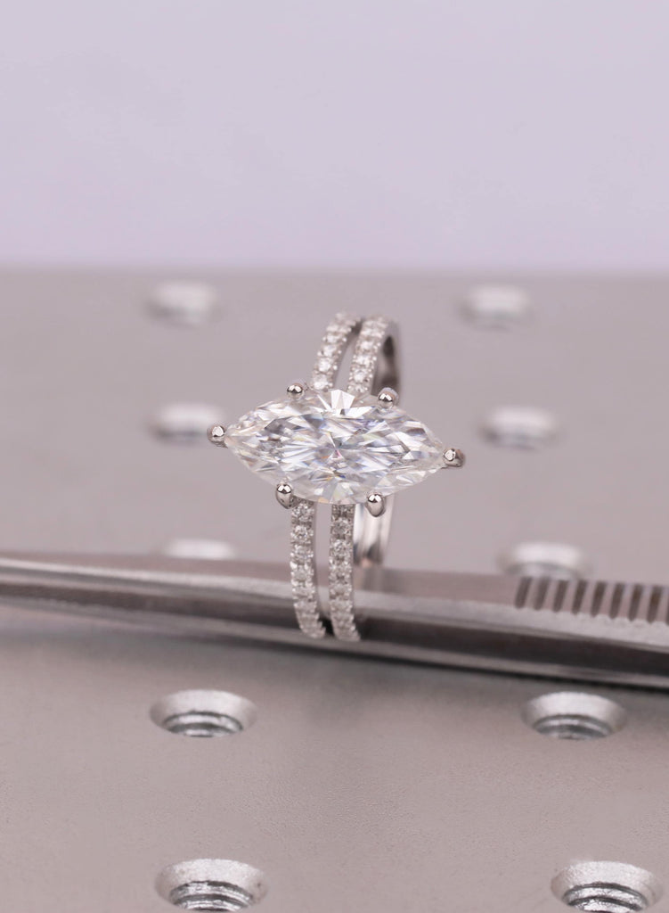 Wedding Ring Set, Marquise Cut Moissanite Engagement Ring Set, Round Diamond 14K Gold Pave Band, Dainty Diamond Matching Band, Six Prong Set image #8