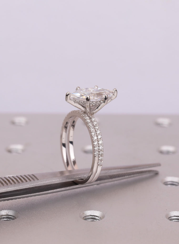 14K Gold Marquise Moissanite Engagement Ring Set, Diamond Pave Band, Custom Ring, Wedding Jewelry image #13