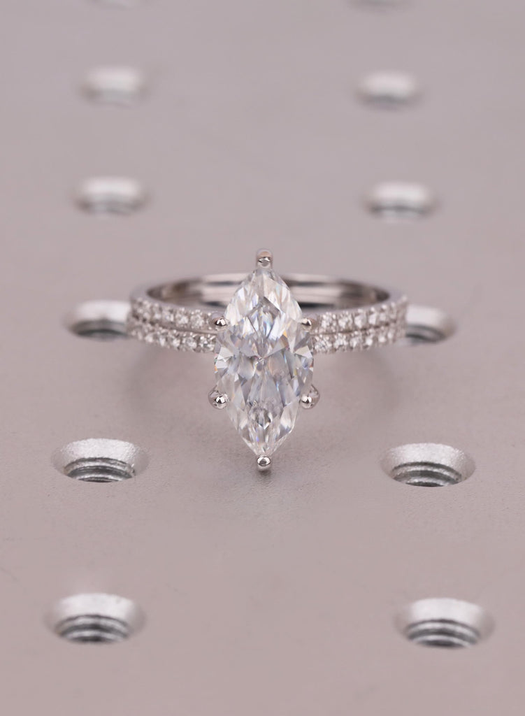 Wedding Ring Set, Marquise Cut Moissanite Engagement Ring Set, Round Diamond 14K Gold Pave Band, Dainty Diamond Matching Band, Six Prong Set image #1