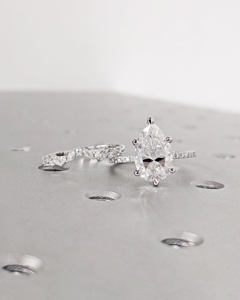 Pear Lab Grown Diamond Engagement Ring Set, 14K Gold Hidden Halo Ring Set, Alternating Round Marquise Curved Wedding Band, Dainty Bridal Set
