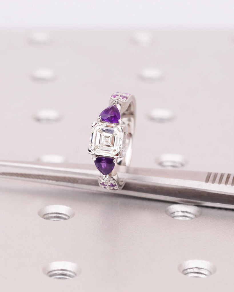 Asscher Lab Grown Diamond Ring with Purple Amethyst Trillion Side Stones, 14k Gold Art Deco Engagement Ring, 3 Stone Ring, Handmade Jewelry