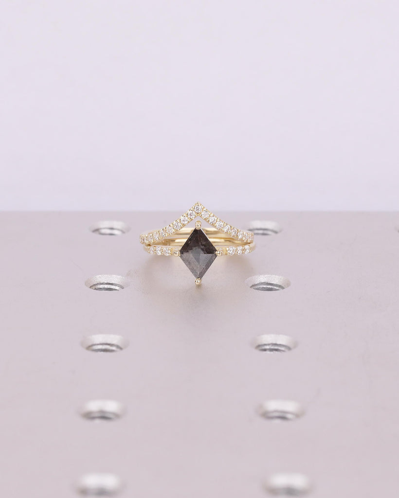Kite Salt and Pepper Diamond Engagement Ring, Art Deco 14k Gold Bridal Ring Set, Moissanite Stacking Rings, Anniversary jewelry for Women image #13