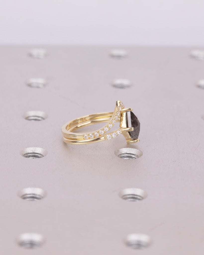 Kite Salt and Pepper Diamond Engagement Ring, Art Deco 14k Gold Bridal Ring Set, Moissanite Stacking Rings, Anniversary jewelry for Women image #4