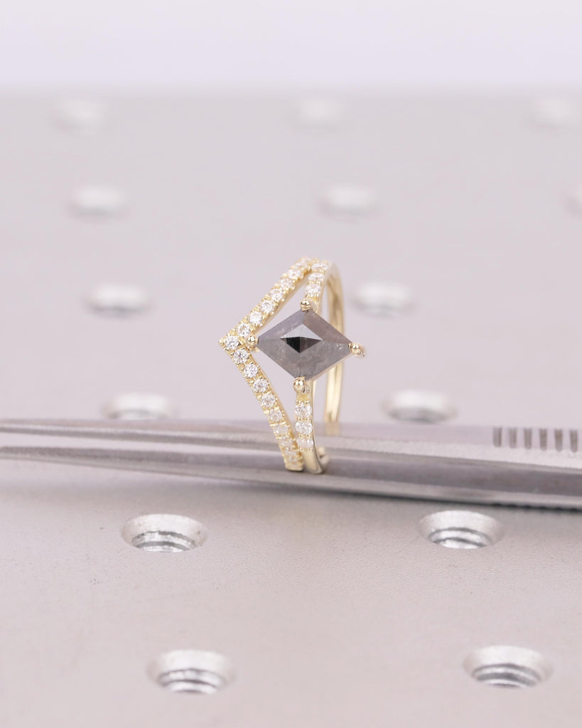 Kite Salt and Pepper Diamond Engagement Ring, Art Deco 14k Gold Bridal Ring Set, Moissanite Stacking Rings, Anniversary jewelry for Women image #10