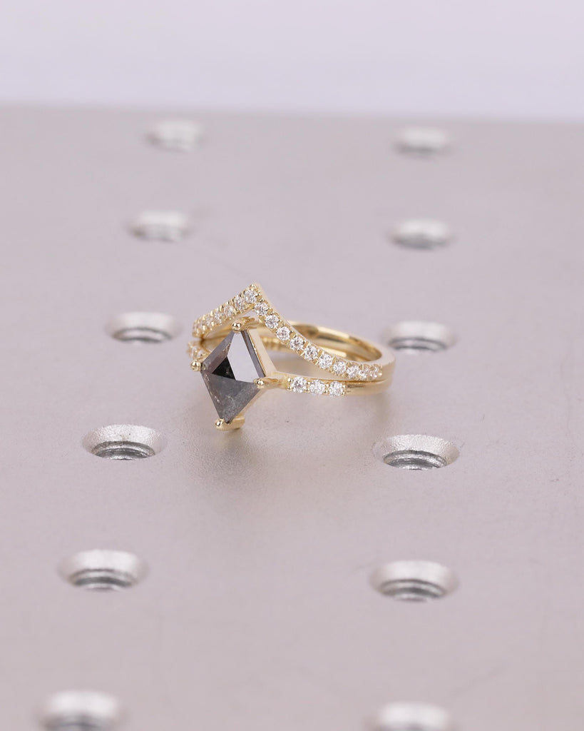 Kite Salt and Pepper Diamond Engagement Ring, Art Deco 14k Gold Bridal Ring Set, Moissanite Stacking Rings, Anniversary jewelry for Women image #16