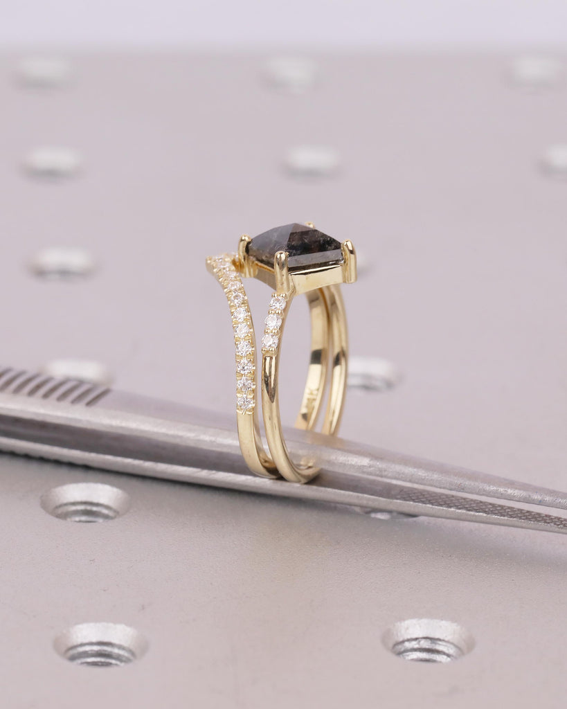 Kite Salt and Pepper Diamond Engagement Ring, Art Deco 14k Gold Bridal Ring Set, Moissanite Stacking Rings, Anniversary jewelry for Women image #5