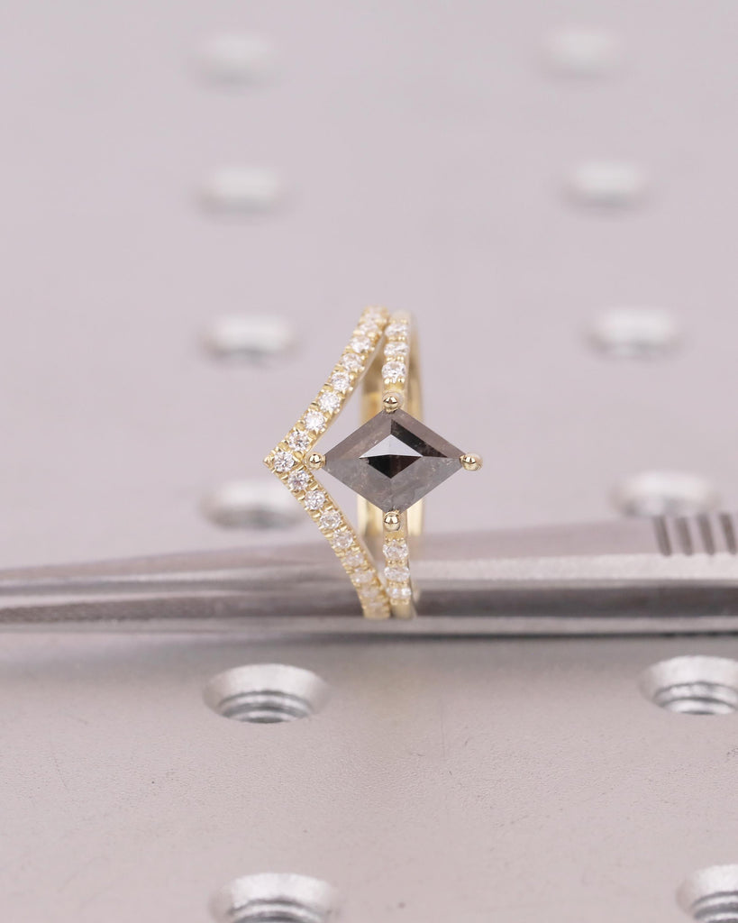 Kite Salt and Pepper Diamond Engagement Ring, Art Deco 14k Gold Bridal Ring Set, Moissanite Stacking Rings, Anniversary jewelry for Women image #14