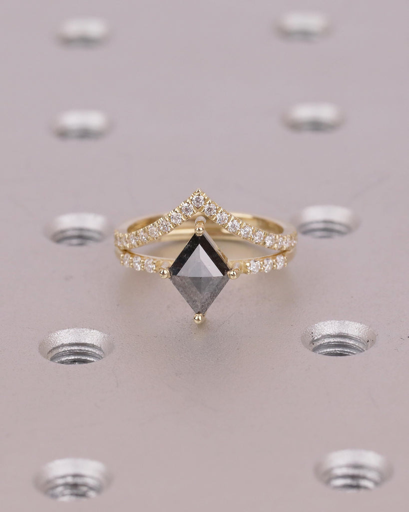 Kite Salt and Pepper Diamond Engagement Ring, Art Deco 14k Gold Bridal Ring Set, Moissanite Stacking Rings, Anniversary jewelry for Women image #9