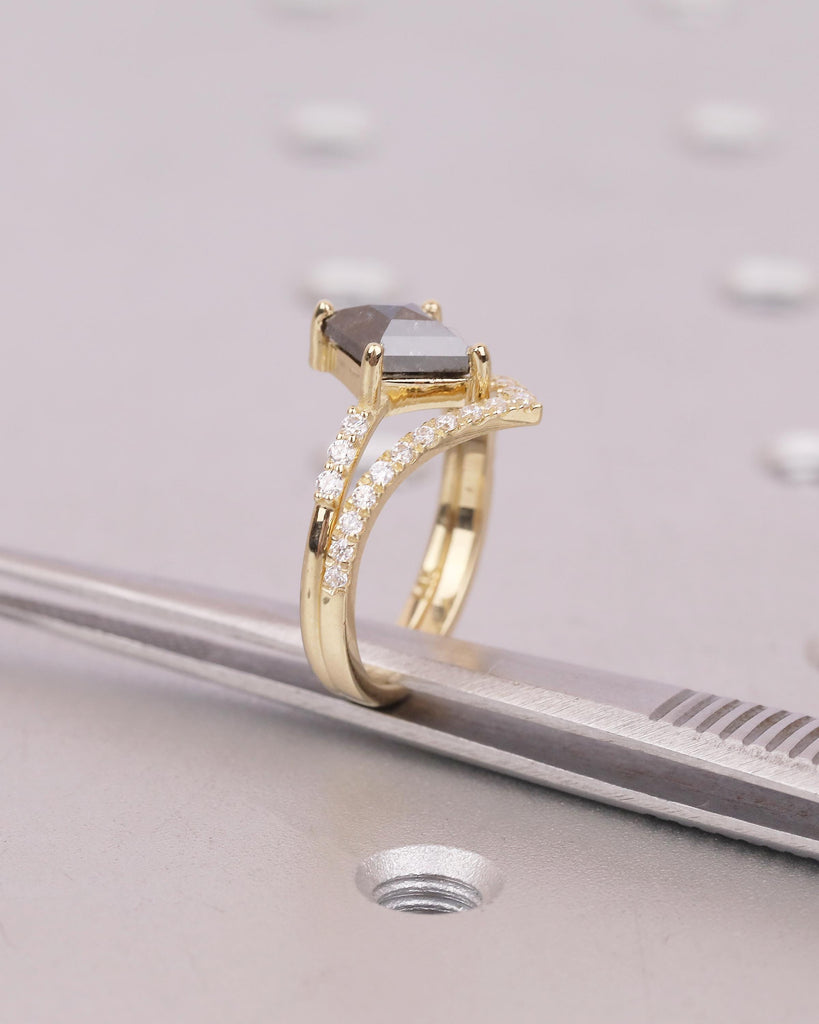Kite Salt and Pepper Diamond Engagement Ring, Art Deco 14k Gold Bridal Ring Set, Moissanite Stacking Rings, Anniversary jewelry for Women image #17
