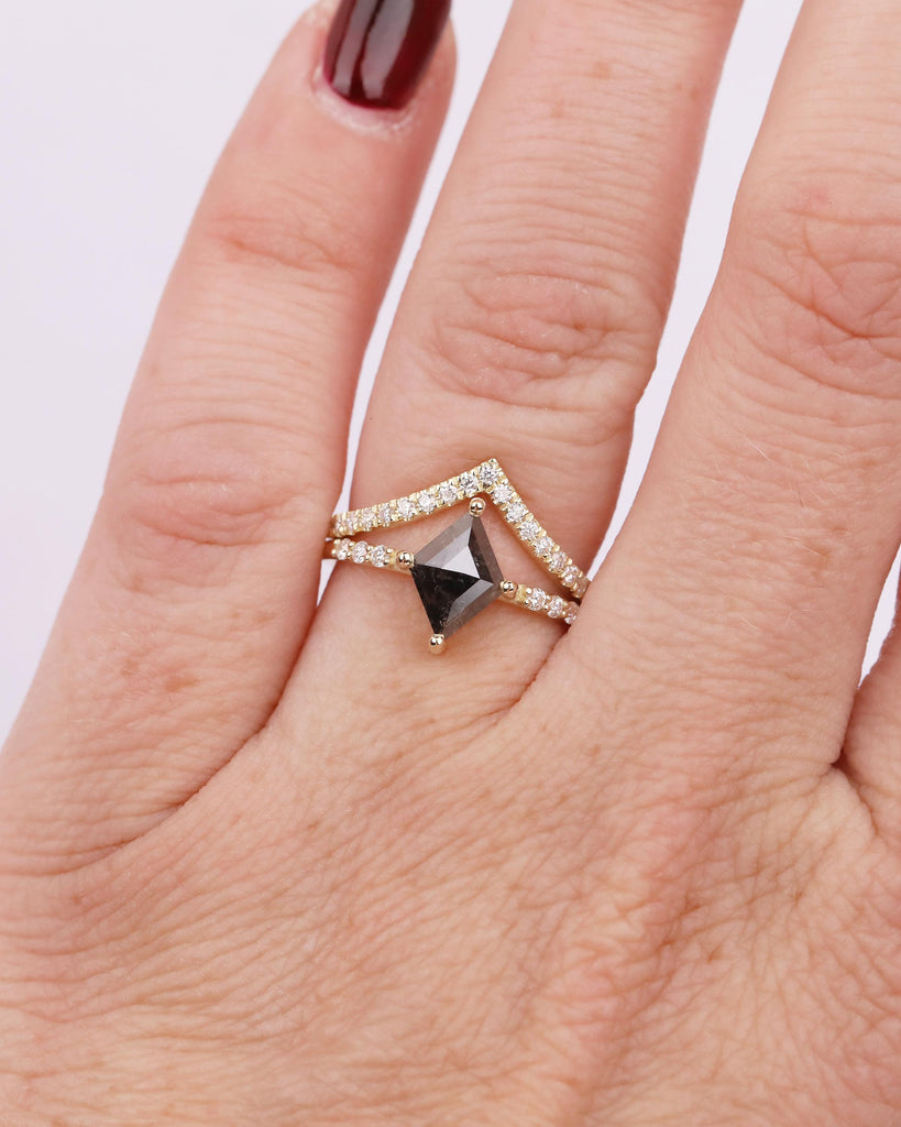 Kite Salt and Pepper Diamond Engagement Ring, Art Deco 14k Gold Bridal Ring Set, Moissanite Stacking Rings, Anniversary jewelry for Women image #2
