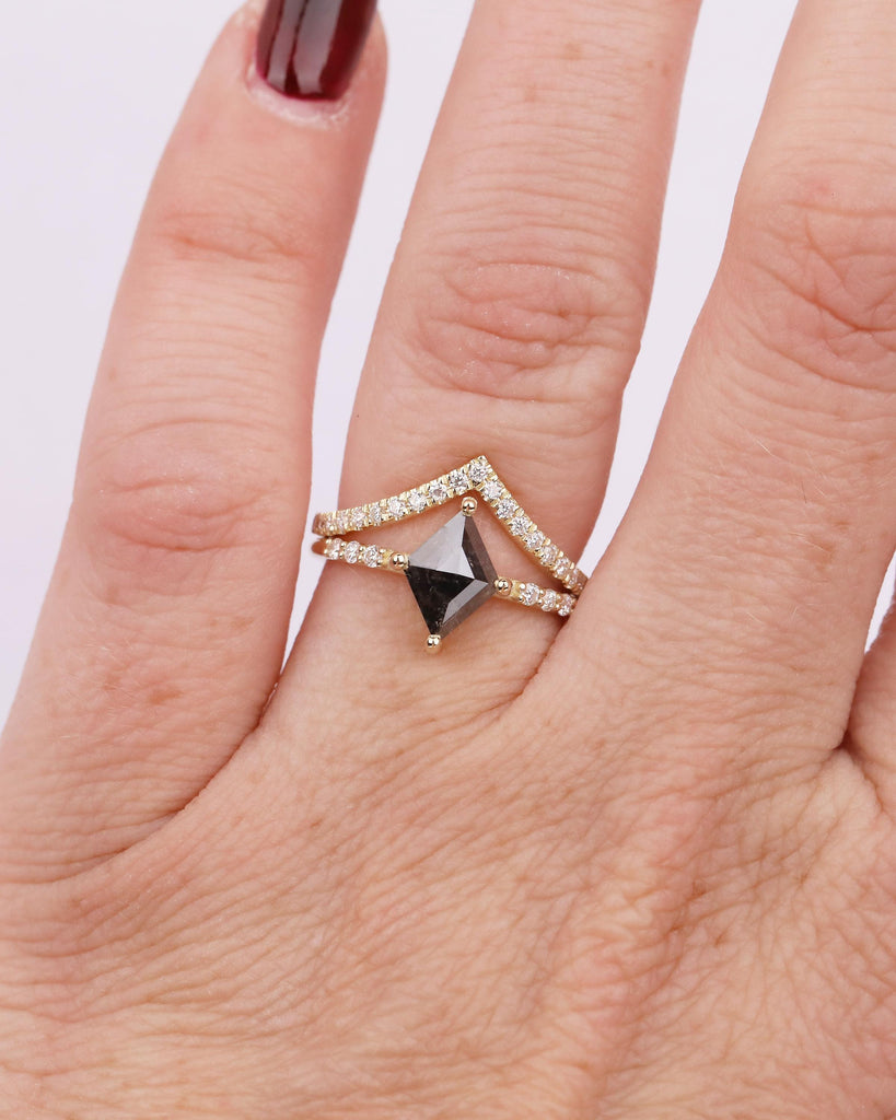 Kite Salt and Pepper Diamond Engagement Ring, Art Deco 14k Gold Bridal Ring Set, Moissanite Stacking Rings, Anniversary jewelry for Women image #18