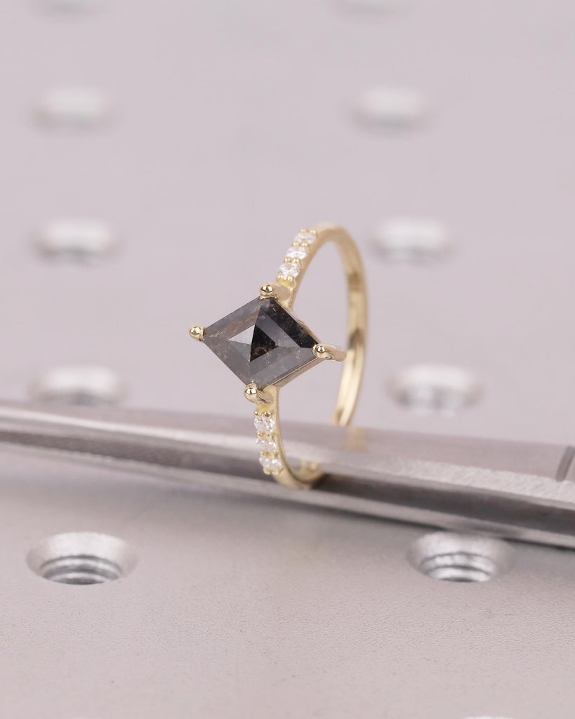 Kite Salt and Pepper Diamond Engagement Ring, Art Deco 14k Gold Bridal Ring Set, Moissanite Stacking Rings, Anniversary jewelry for Women image #20