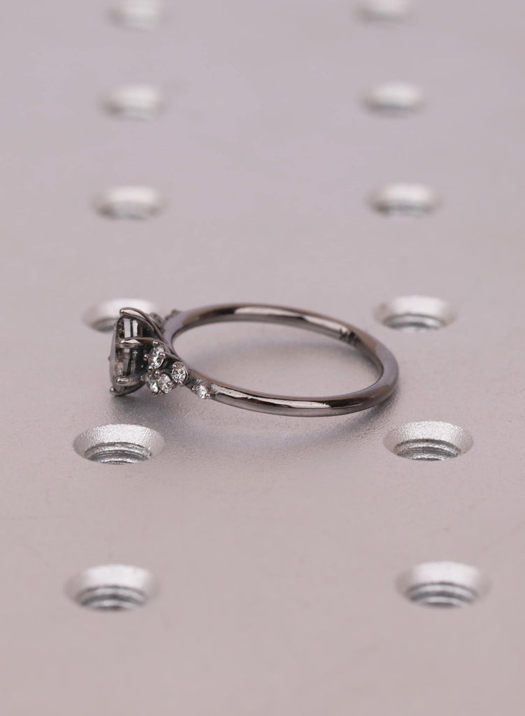 Dark Salt and Pepper Pear Cut Diamond Ring, Black Gold Cluster Band, Engagement Jewelry image #7