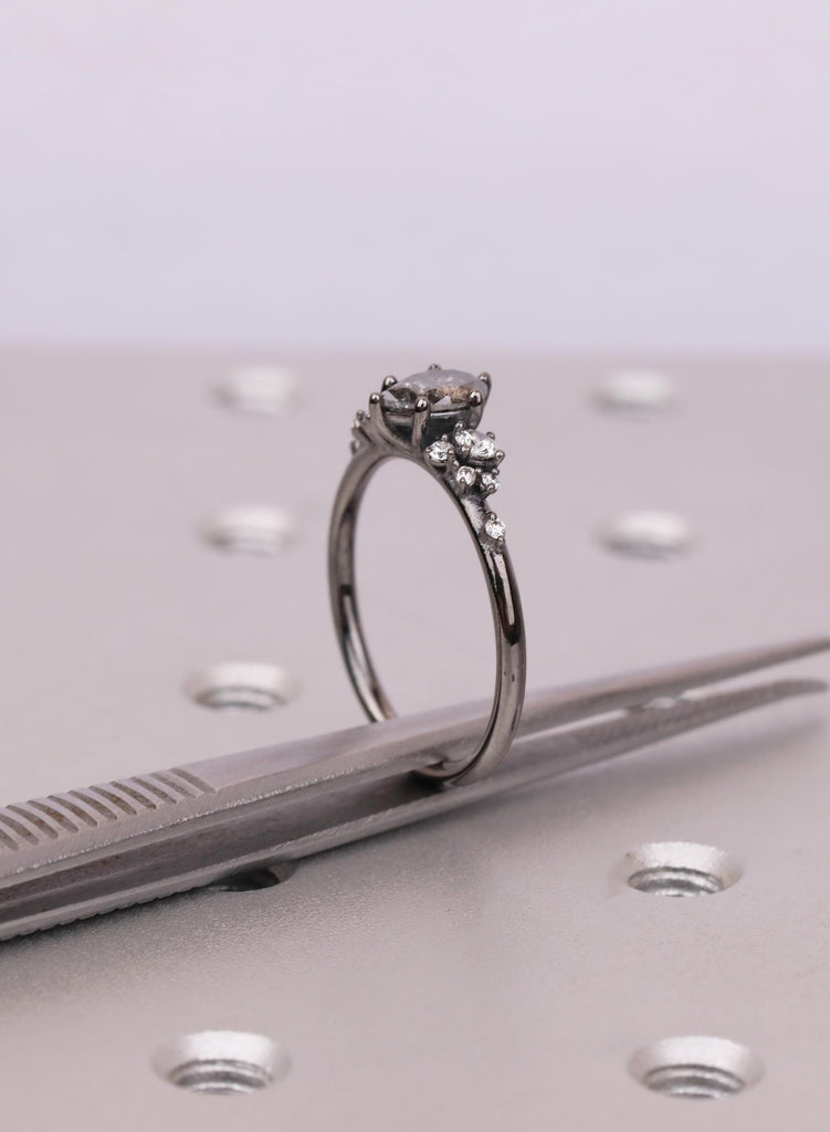 Vintage Pear Cut Salt and Pepper Diamond Engagement Ring, Black Gold Snowdrift Diamond Cluster Bridal Ring, 925 Silver, 14K 18K Solid Gold image #13
