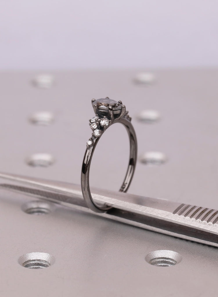 Vintage Pear Cut Salt and Pepper Diamond Engagement Ring, Black Gold Snowdrift Diamond Cluster Bridal Ring, 925 Silver, 14K 18K Solid Gold image #15