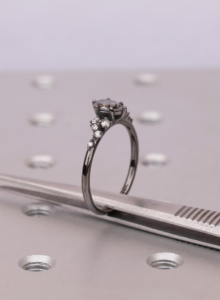 Dark Salt and Pepper Pear Cut Diamond Ring, Black Gold Cluster Band, Engagement Jewelry image #15