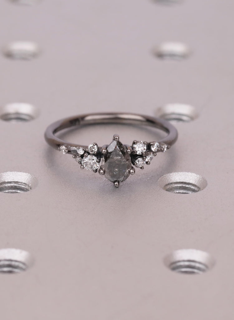 Vintage Pear Cut Salt and Pepper Diamond Engagement Ring, Black Gold Snowdrift Diamond Cluster Bridal Ring, 925 Silver, 14K 18K Solid Gold image #3