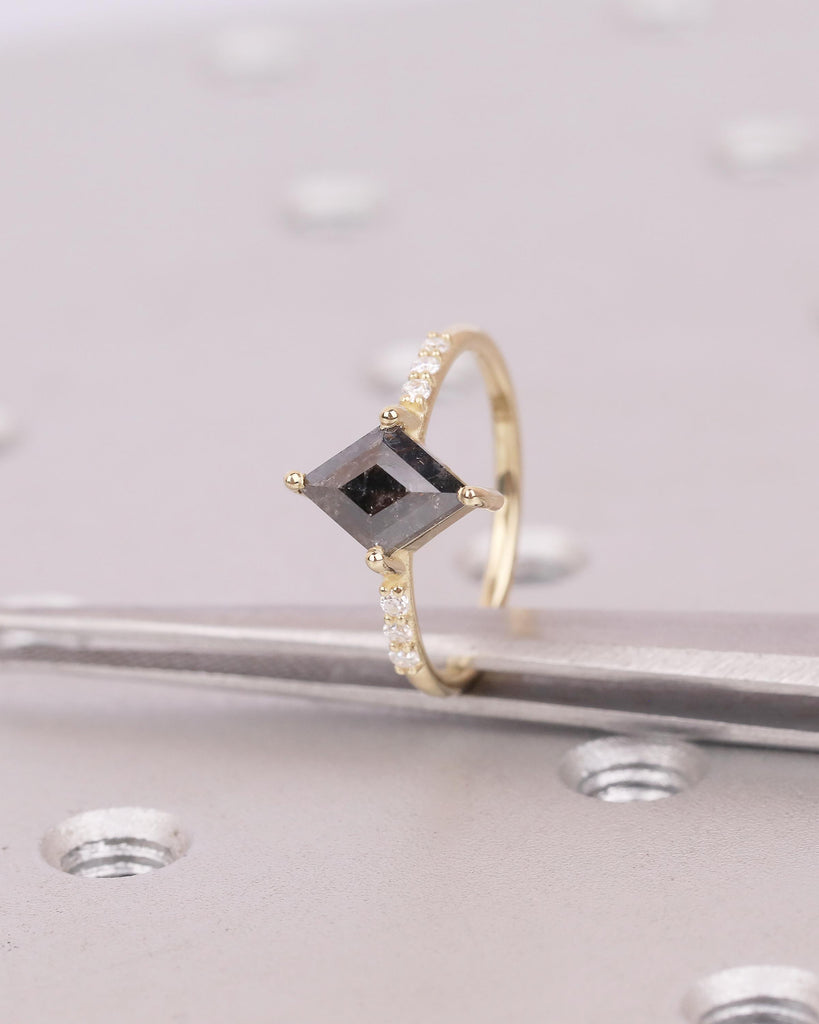 Salt and Pepper Diamond Engagement Ring, Rhombus Kite Shaped Wedding Rings, Dainty 14k Yellow Gold Promise Ring for Her, Moissanite Accents image #13