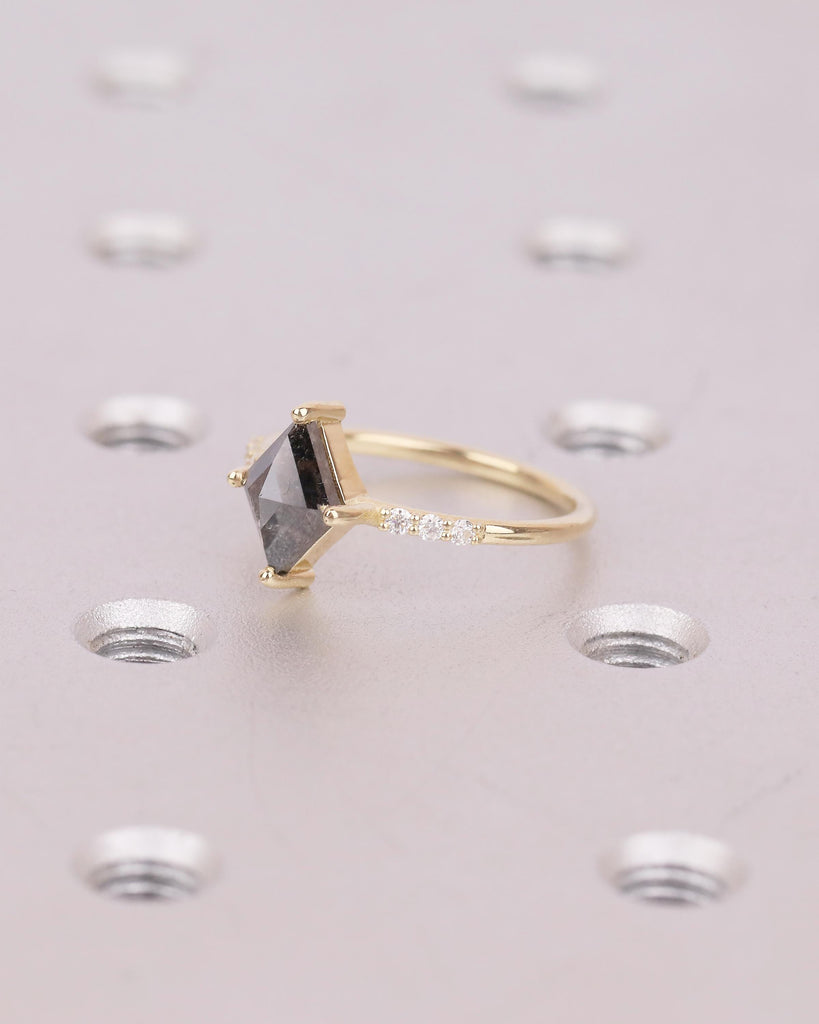 Salt and Pepper Diamond Engagement Ring, Rhombus Kite Shaped Wedding Rings, Dainty 14k Yellow Gold Promise Ring for Her, Moissanite Accents image #4