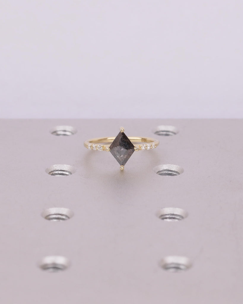 Salt and Pepper Diamond Engagement Ring, Rhombus Kite Shaped Wedding Rings, Dainty 14k Yellow Gold Promise Ring for Her, Moissanite Accents image #15