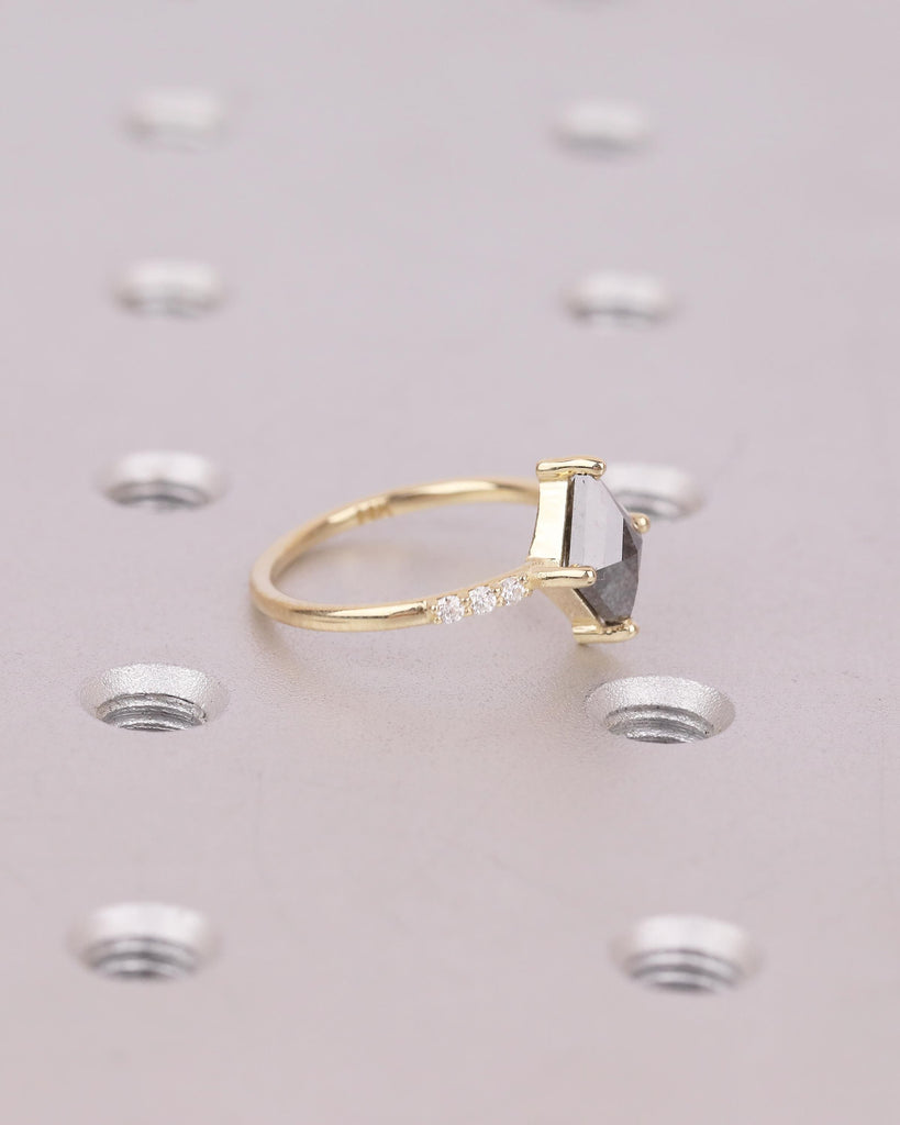 Salt and Pepper Diamond Engagement Ring, Rhombus Kite Shaped Wedding Rings, Dainty 14k Yellow Gold Promise Ring for Her, Moissanite Accents image #11
