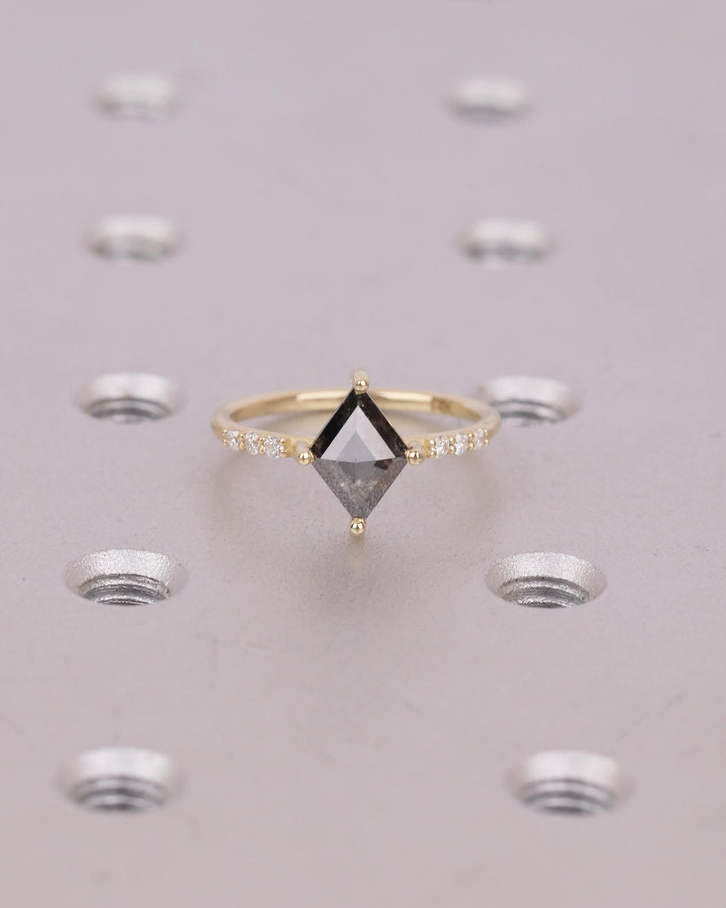 Salt and Pepper Diamond Engagement Ring, Rhombus Kite Shaped Wedding Rings, Dainty 14k Yellow Gold Promise Ring for Her, Moissanite Accents image #3