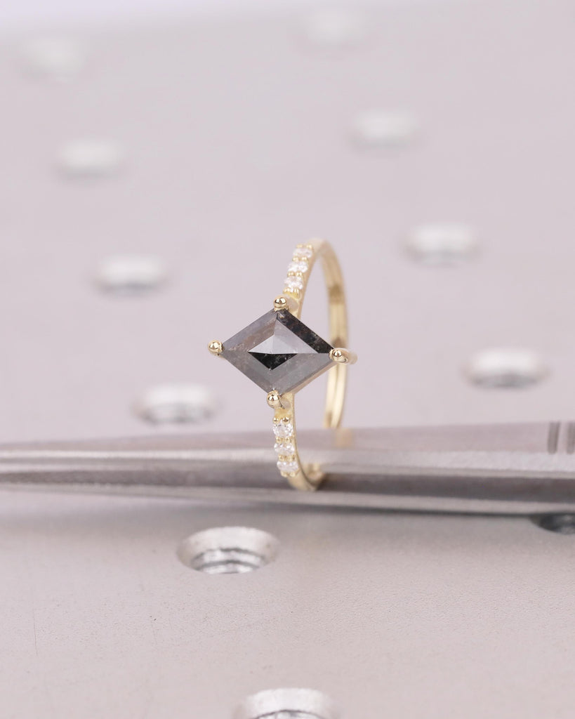 Salt and Pepper Diamond Engagement Ring, Rhombus Kite Shaped Wedding Rings, Dainty 14k Yellow Gold Promise Ring for Her, Moissanite Accents image #9