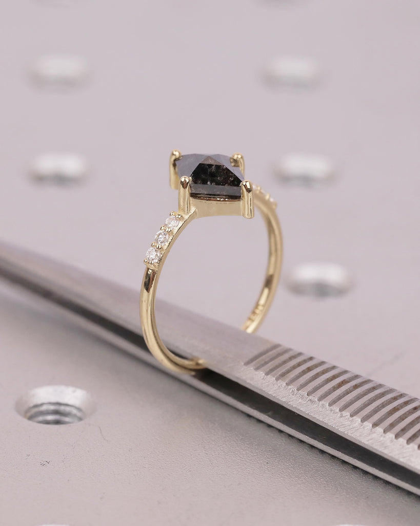 Salt and Pepper Diamond Engagement Ring, Rhombus Kite Shaped Wedding Rings, Dainty 14k Yellow Gold Promise Ring for Her, Moissanite Accents image #12
