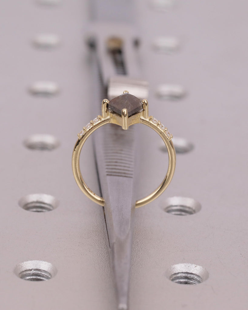 Salt and Pepper Diamond Engagement Ring, Rhombus Kite Shaped Wedding Rings, Dainty 14k Yellow Gold Promise Ring for Her, Moissanite Accents image #7