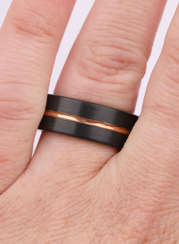 Black Tungsten Carbide Wedding Band, 8mm Comfort Fit with 14K Rose Gold Plated Men's Wedding Ring, Jewelry For Men, Men's Engagement Gift image #2