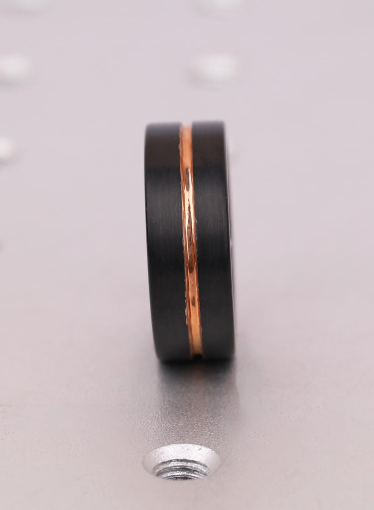 Black Tungsten Carbide Wedding Band, 8mm Comfort Fit with 14K Rose Gold Plated Men's Wedding Ring, Jewelry For Men, Men's Engagement Gift image #4
