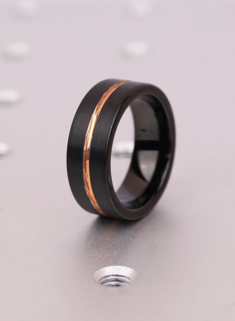 Black Tungsten Carbide Wedding Band, 8mm Comfort Fit with 14K Rose Gold Plated Men's Wedding Ring, Jewelry For Men, Men's Engagement Gift image #5