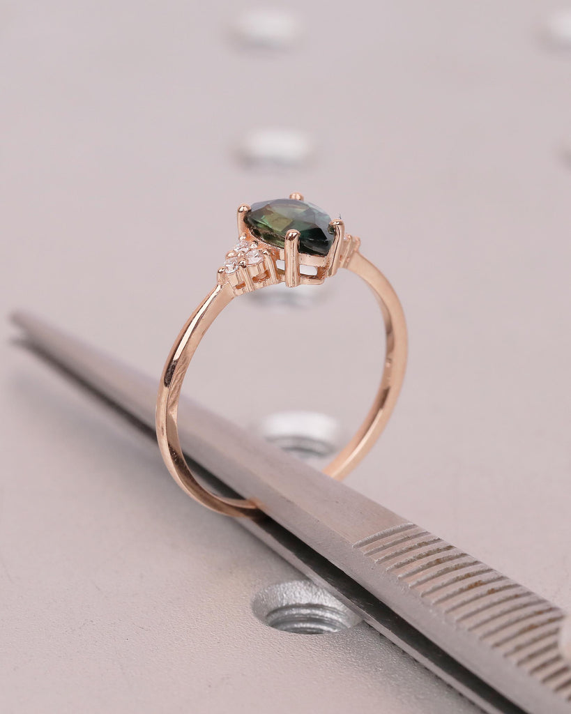 Art Deco Peacock Sapphire Engagement Ring, Pear Cut Rose Gold Promise Ring for Her, September Birthstone Jewelry, Diamond Cluster Rings image #5