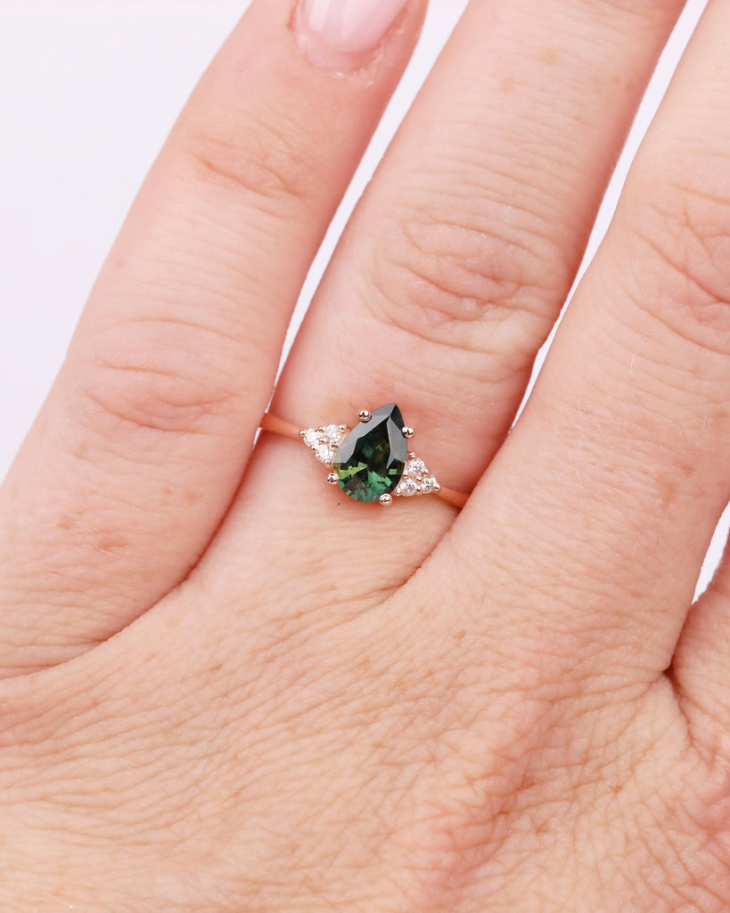 Art Deco Peacock Sapphire Engagement Ring, Pear Cut Rose Gold Promise Ring for Her, September Birthstone Jewelry, Diamond Cluster Rings image #13