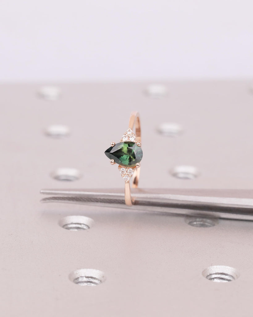 Vintage 14k Rose Gold Blue Green Sapphire Ring, Pear Shaped Engagement Ring image #8