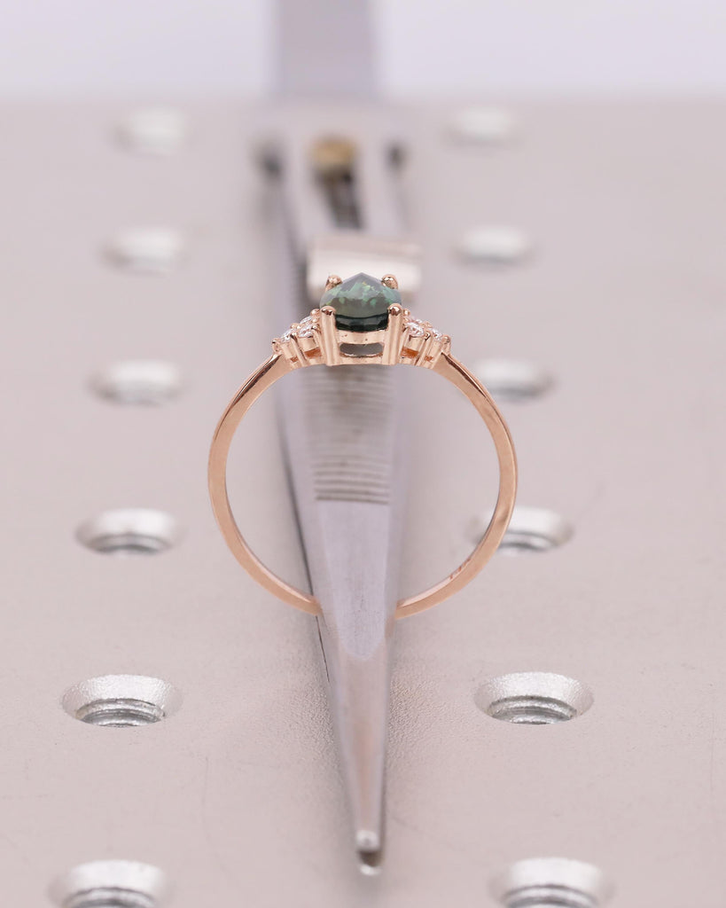 Vintage 14k Rose Gold Blue Green Sapphire Ring, Pear Shaped Engagement Ring image #7