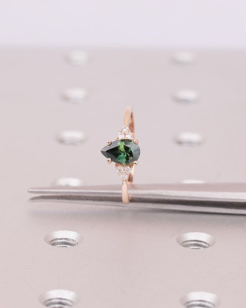 Art Deco Peacock Sapphire Engagement Ring, Pear Cut Rose Gold Promise Ring for Her, September Birthstone Jewelry, Diamond Cluster Rings image #12