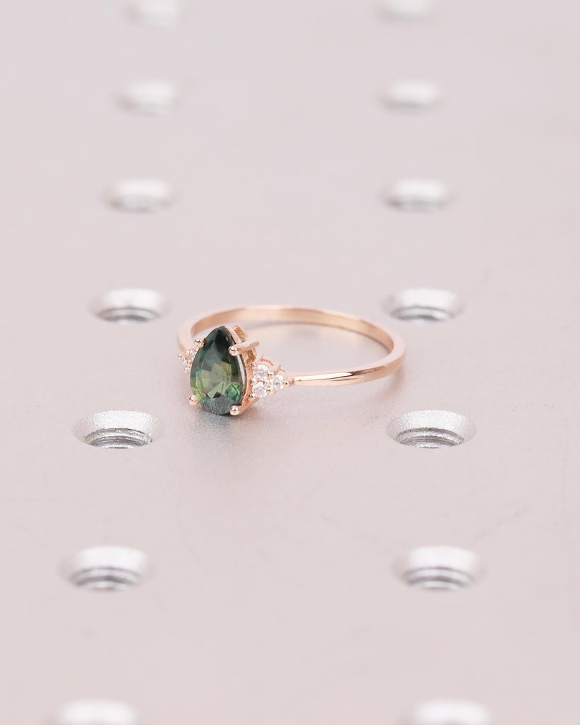 Art Deco Peacock Sapphire Engagement Ring, Pear Cut Rose Gold Promise Ring for Her, September Birthstone Jewelry, Diamond Cluster Rings image #15
