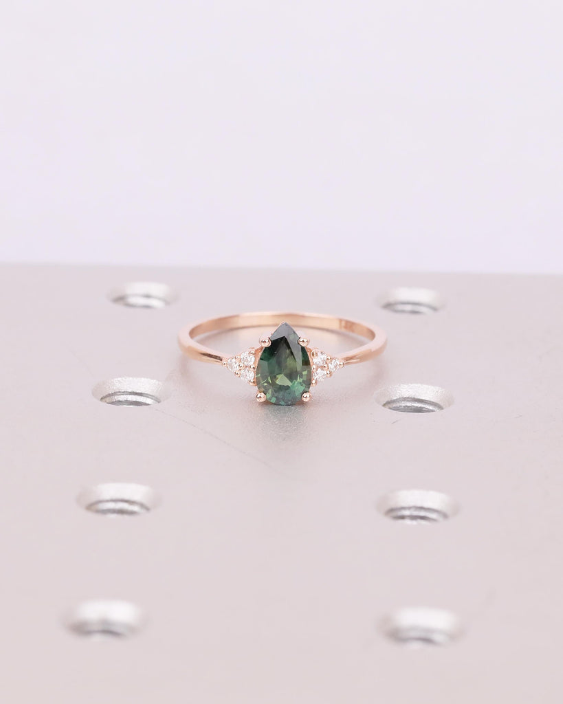 Art Deco Peacock Sapphire Engagement Ring, Pear Cut Rose Gold Promise Ring for Her, September Birthstone Jewelry, Diamond Cluster Rings image #20