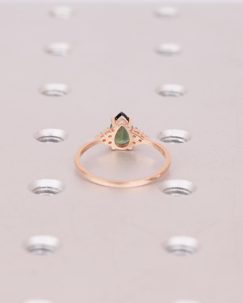 Art Deco Peacock Sapphire Engagement Ring, Pear Cut Rose Gold Promise Ring for Her, September Birthstone Jewelry, Diamond Cluster Rings image #6
