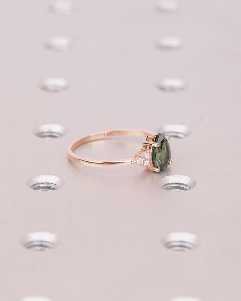 Art Deco Peacock Sapphire Engagement Ring, Pear Cut Rose Gold Promise Ring for Her, September Birthstone Jewelry, Diamond Cluster Rings image #3