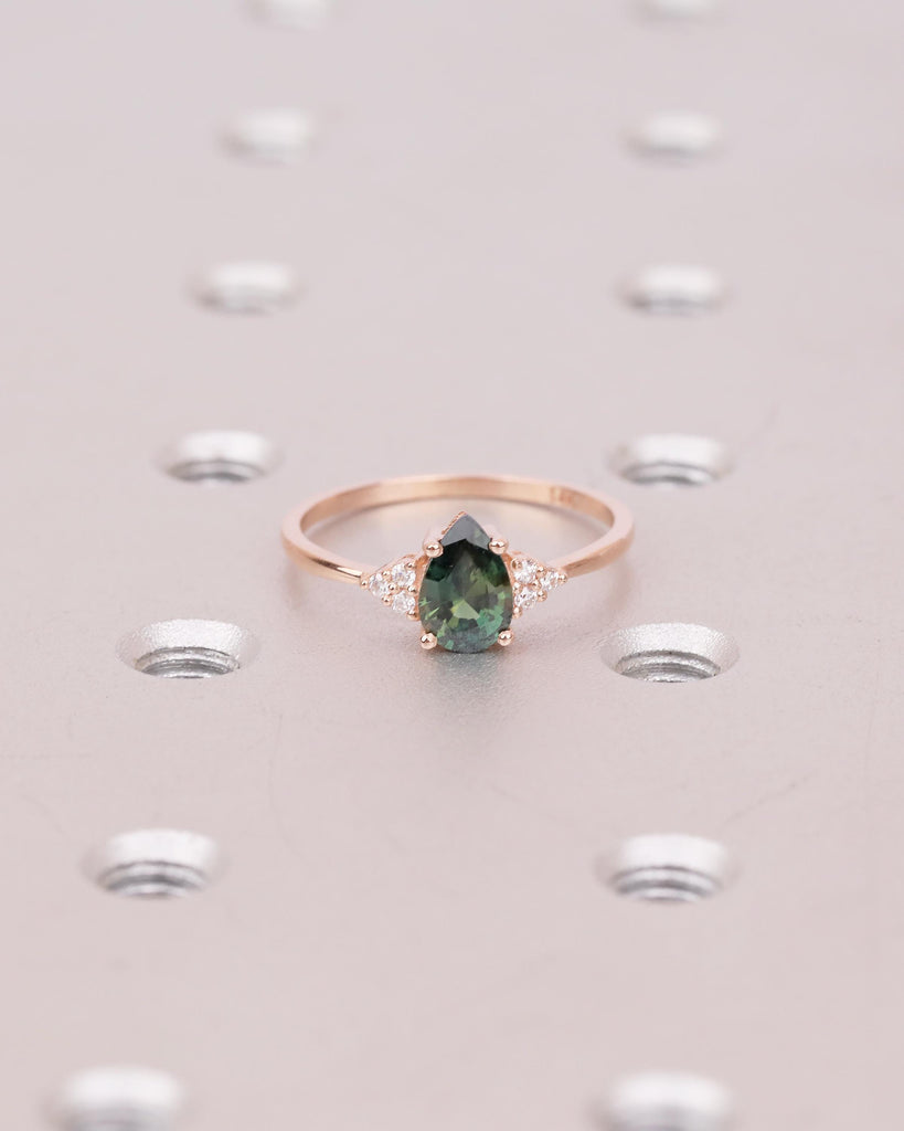 Art Deco Peacock Sapphire Engagement Ring, Pear Cut Rose Gold Promise Ring for Her, September Birthstone Jewelry, Diamond Cluster Rings image #4