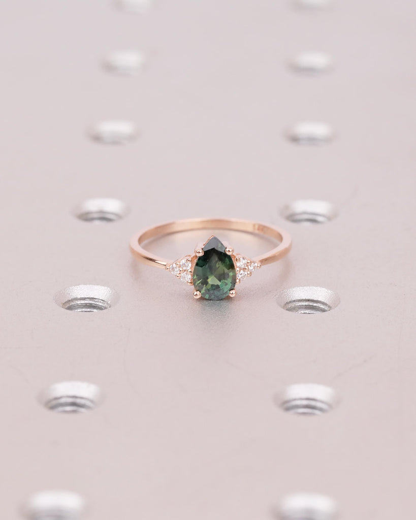 Vintage 14k Rose Gold Blue Green Sapphire Ring, Pear Shaped Engagement Ring image #4