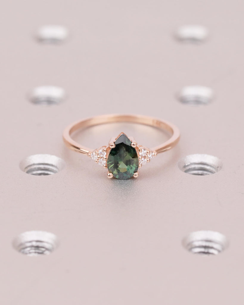 Vintage 14k Rose Gold Blue Green Sapphire Ring, Pear Shaped Engagement Ring image #18