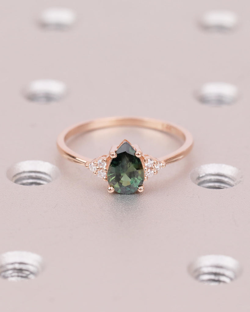 Art Deco Peacock Sapphire Engagement Ring, Pear Cut Rose Gold Promise Ring for Her, September Birthstone Jewelry, Diamond Cluster Rings image #9