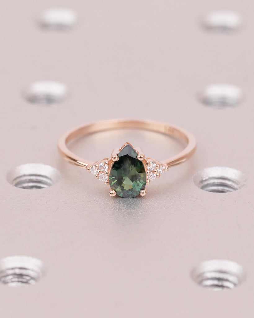 Vintage 14k Rose Gold Blue Green Sapphire Ring, Pear Shaped Engagement Ring image #9