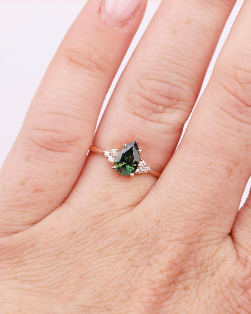 Vintage 14k Rose Gold Blue Green Sapphire Ring, Pear Shaped Engagement Ring image #19