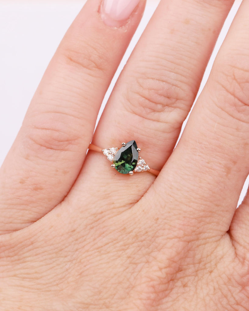 Art Deco Peacock Sapphire Engagement Ring, Pear Cut Rose Gold Promise Ring for Her, September Birthstone Jewelry, Diamond Cluster Rings image #19
