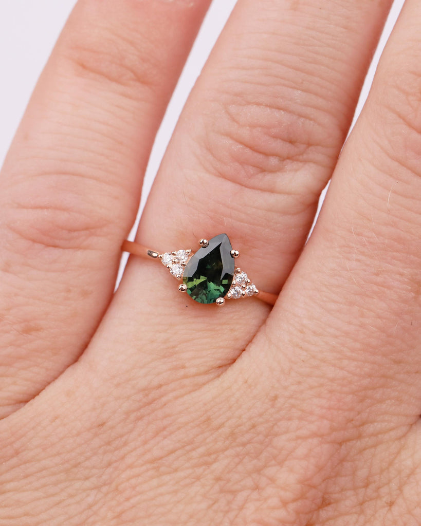 Vintage 14k Rose Gold Blue Green Sapphire Ring, Pear Shaped Engagement Ring image #1