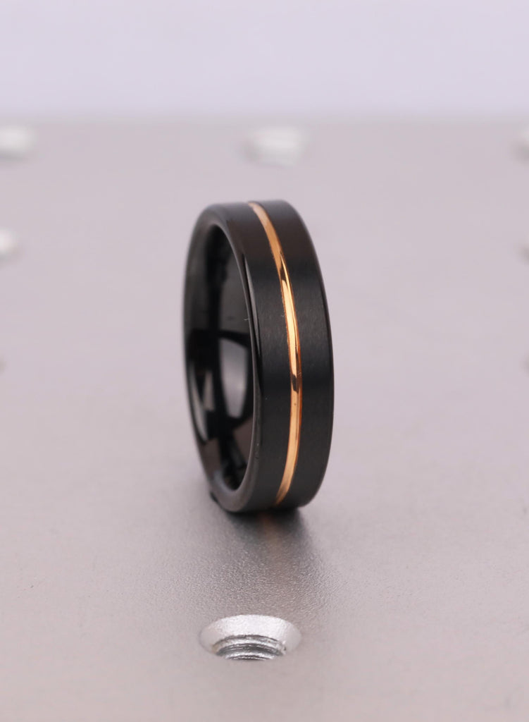 Men's Black Tungsten Ring, Rose Gold Plated 6mm Comfort Fit Wedding Band image #8